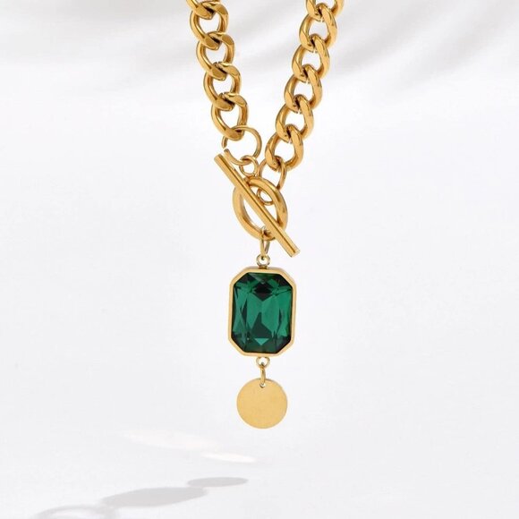 🆕 Women Gold Chunky Chain Necklace Thick Cuban Curb Gemstone Pendant Jewelry - Picture 6 of 7